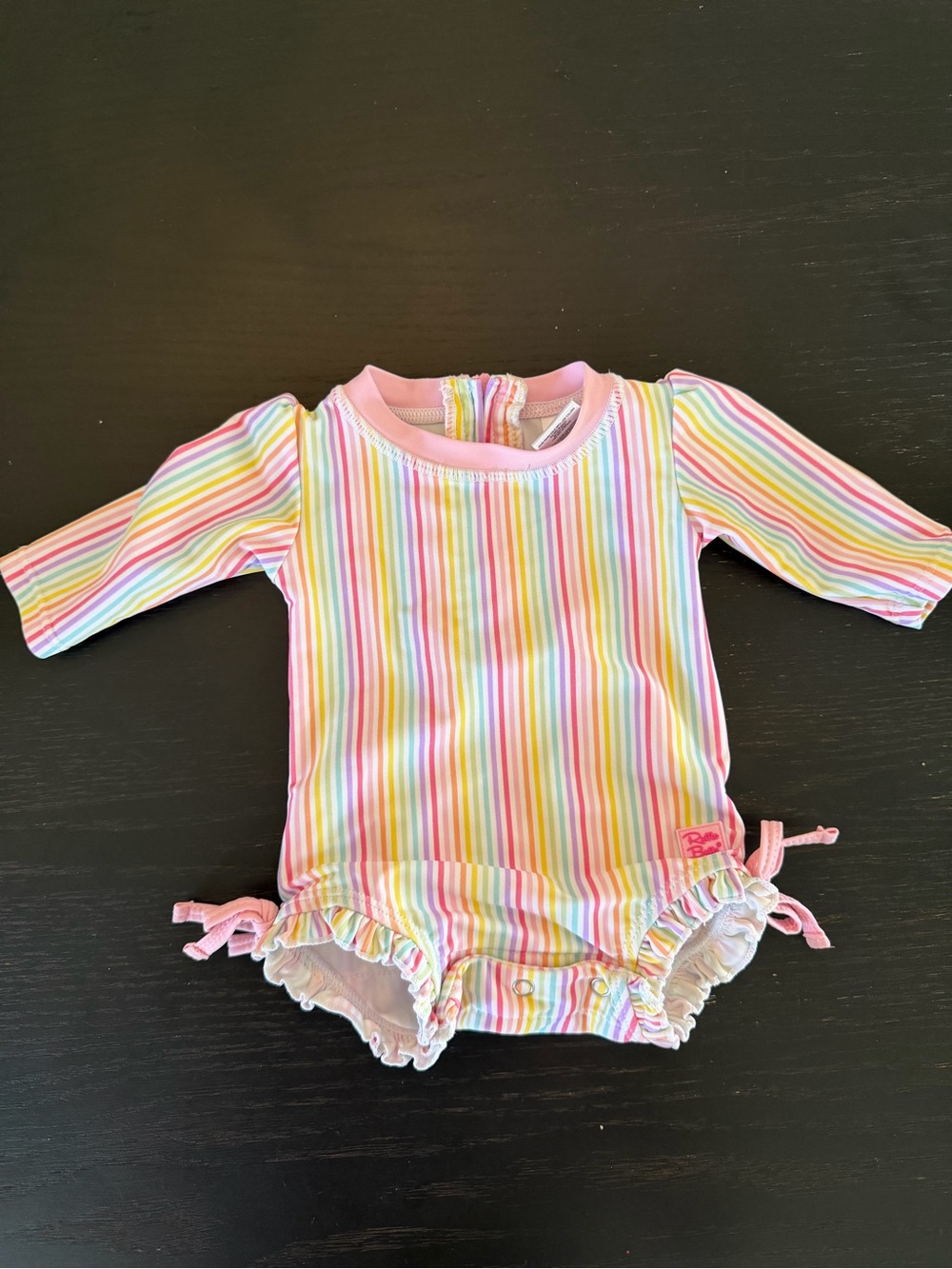 Ruffle Butts Pastel Rainbow Stripe Infant Rashguard - Pink Trim